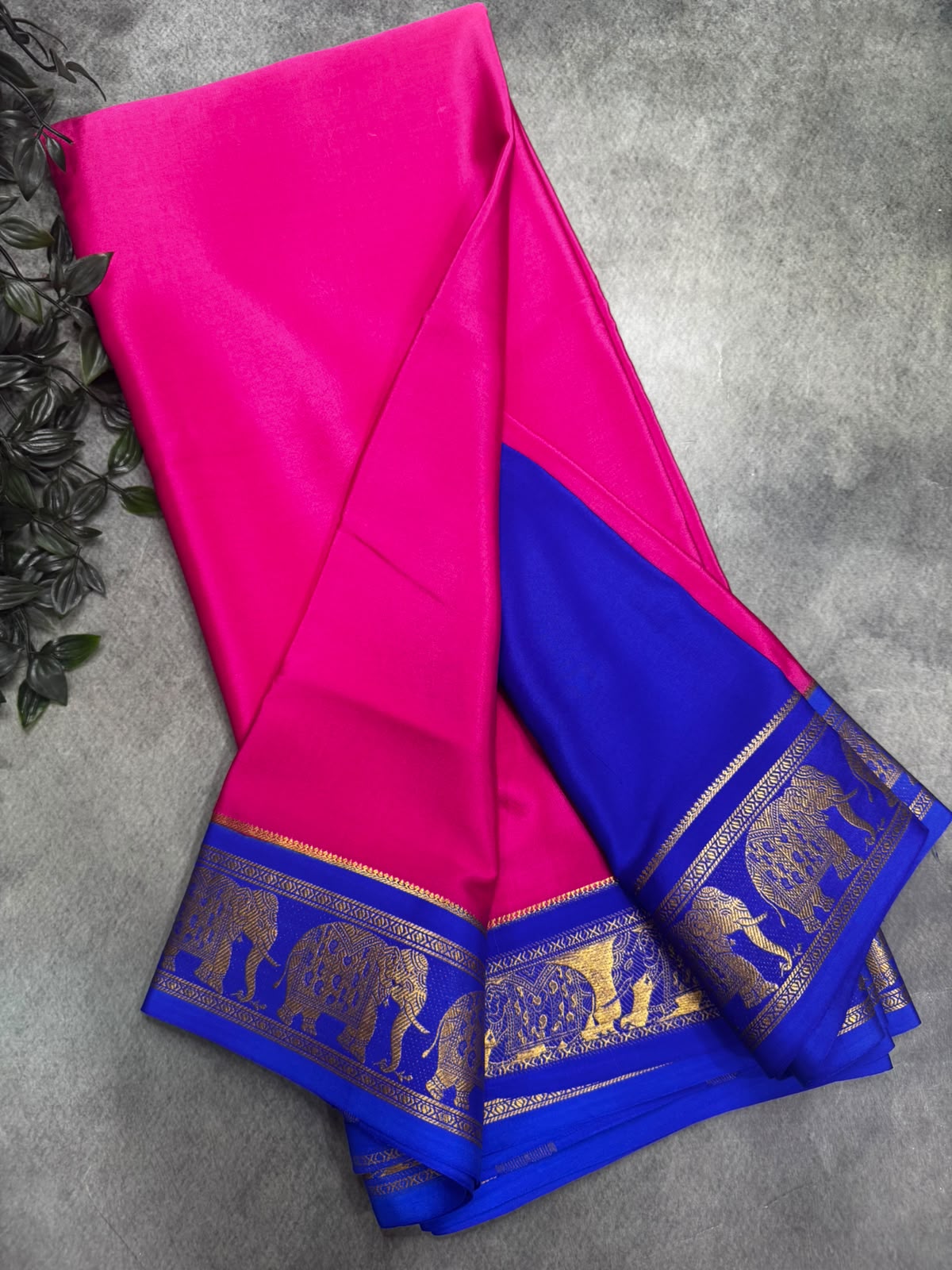 Bright Pink Pure Mysore Silk 106 Saree with Elephant Zari Border