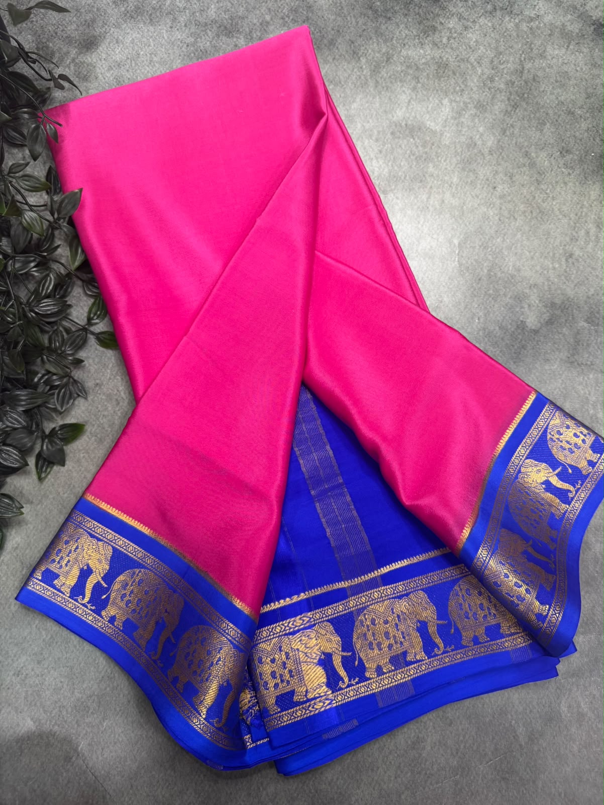 Bright Pink Pure Mysore Silk 106 Saree with Elephant Zari Border