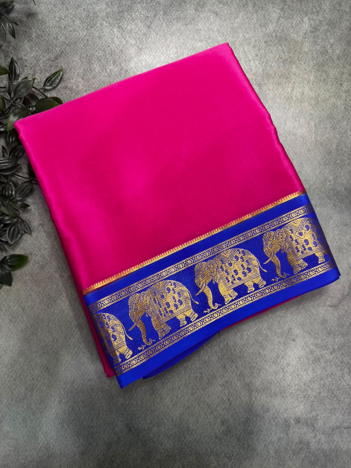 Bright Pink Pure Mysore Silk 106 Saree with Elephant Zari Border