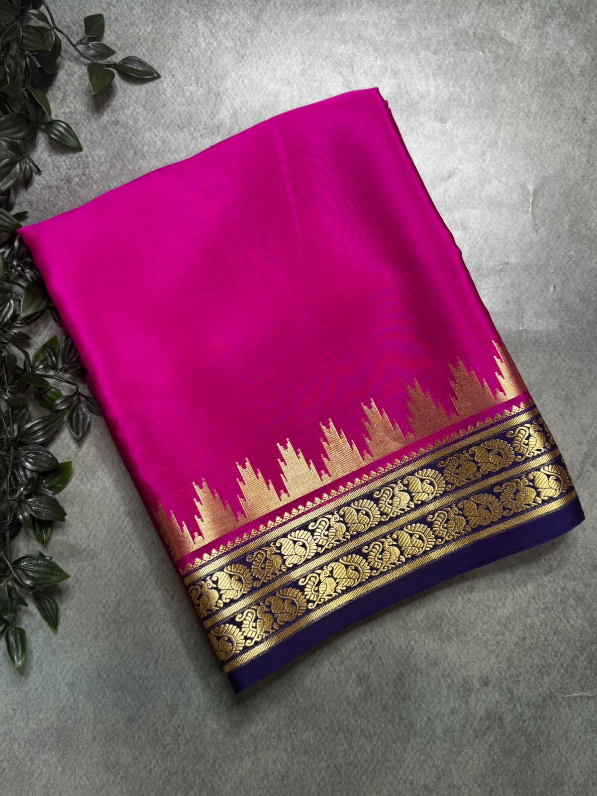 Bright Pink Pure Mysore Silk 106 Saree with Traditional Motif Border