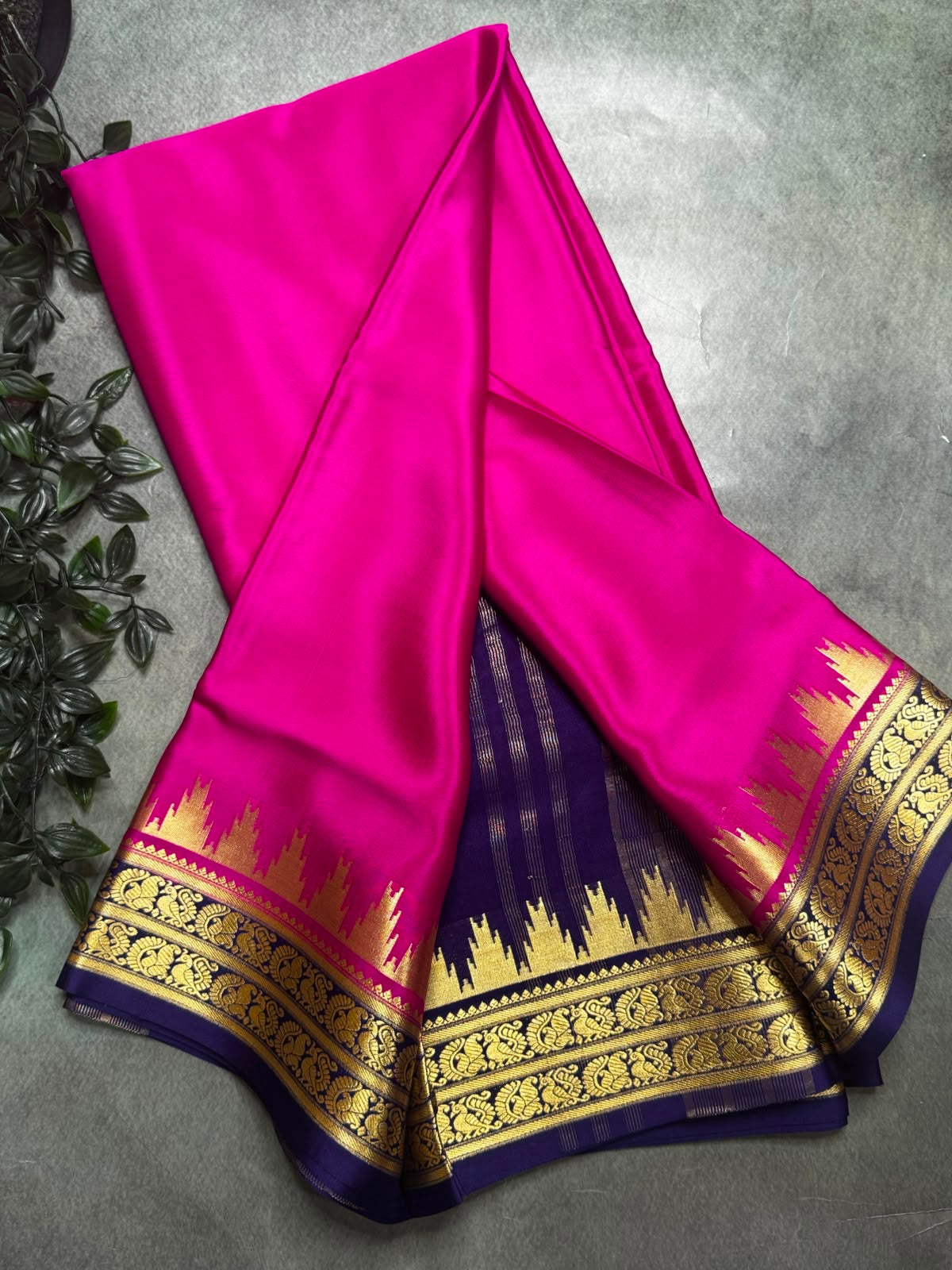 Bright Pink Pure Mysore Silk 106 Saree with Traditional Motif Border