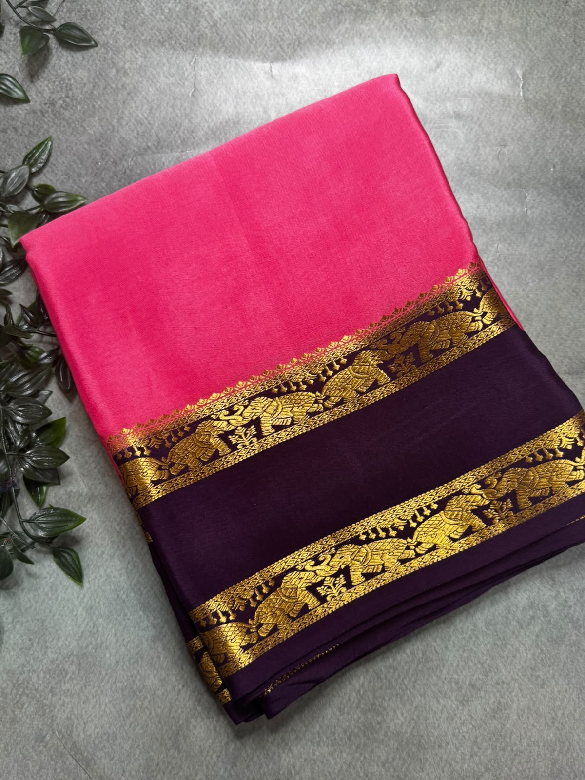 Rose Pink Pure Mysore Silk 106 Saree with Elephant Zari Border