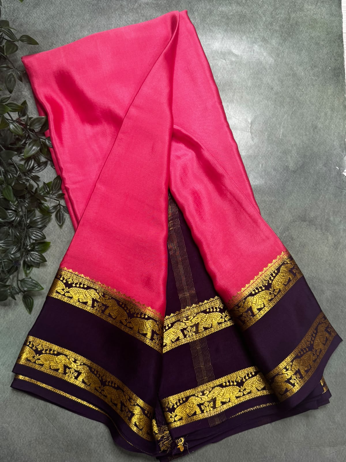 Rose Pink Pure Mysore Silk 106 Saree with Elephant Zari Border