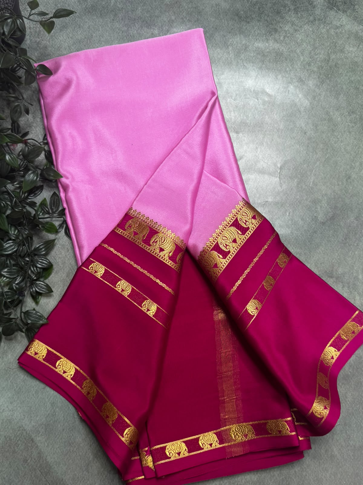 Baby Pink Pure Mysore Silk 106 Saree with Elephant Border