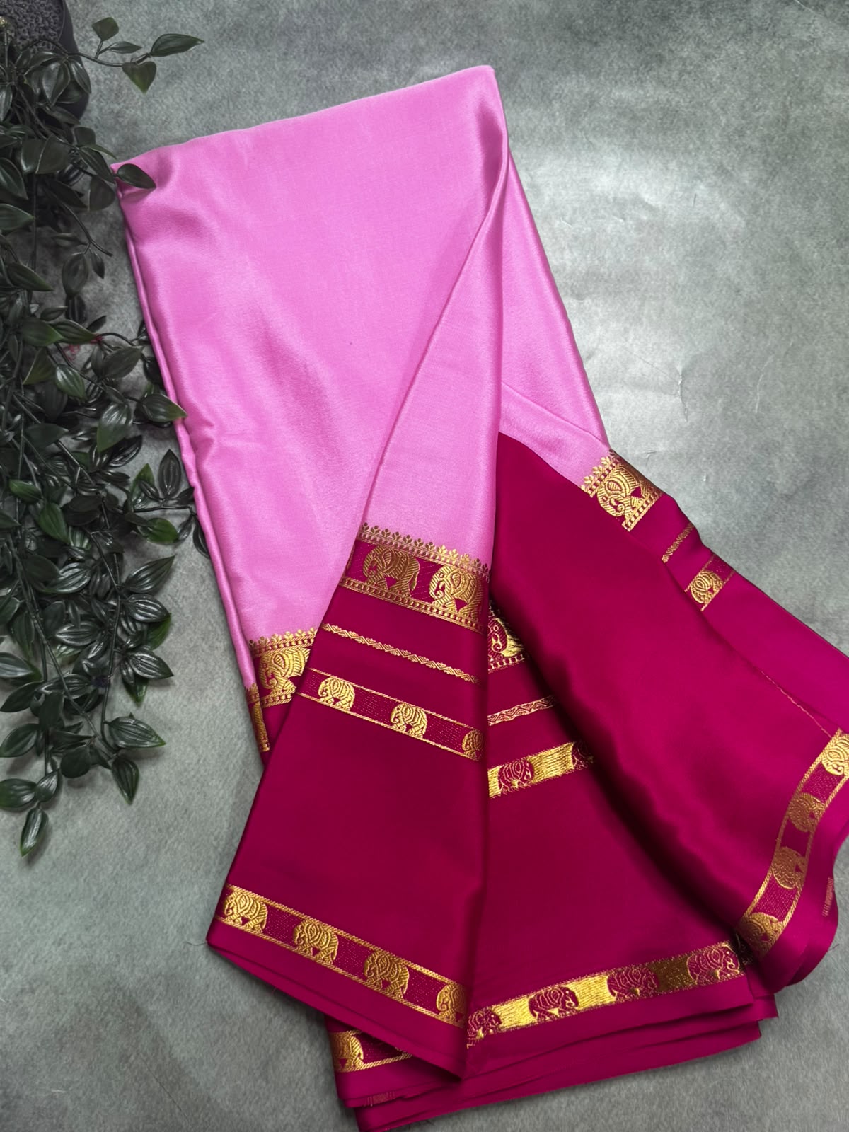 Baby Pink Pure Mysore Silk 106 Saree with Elephant Border
