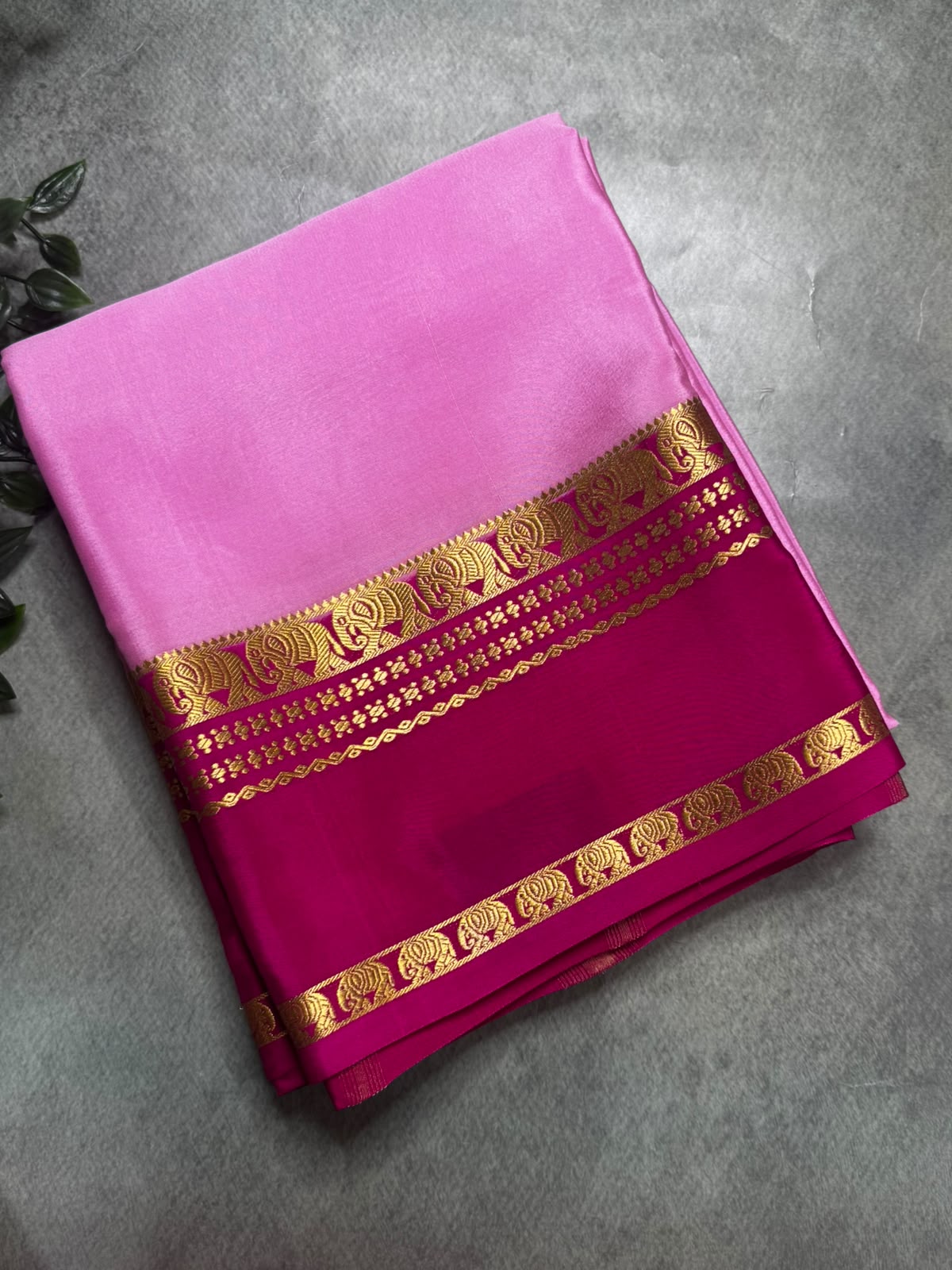 Baby Pink Pure Mysore Silk 106 Saree with Elephant Border