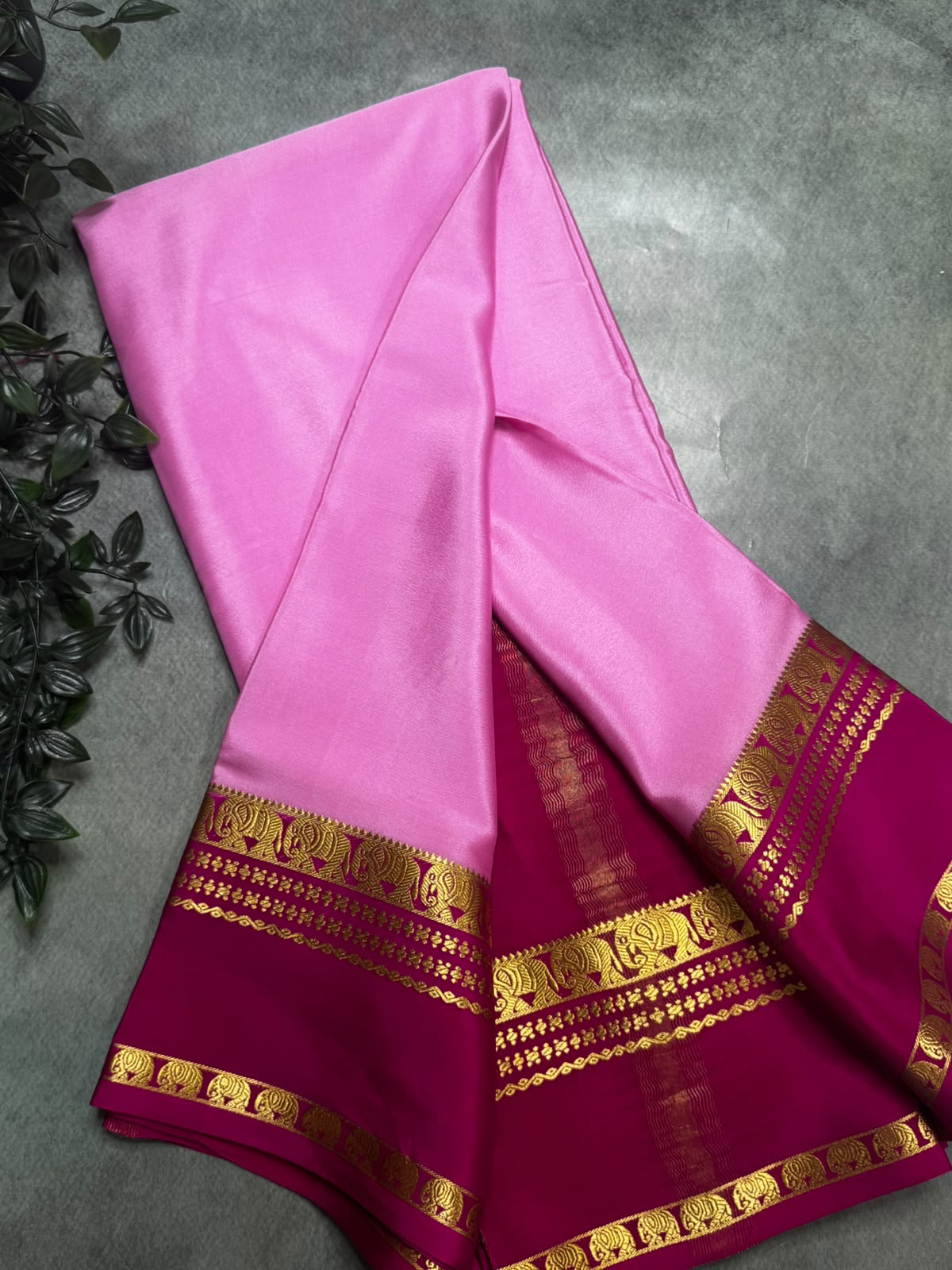 Baby Pink Pure Mysore Silk 106 Saree with Elephant Border