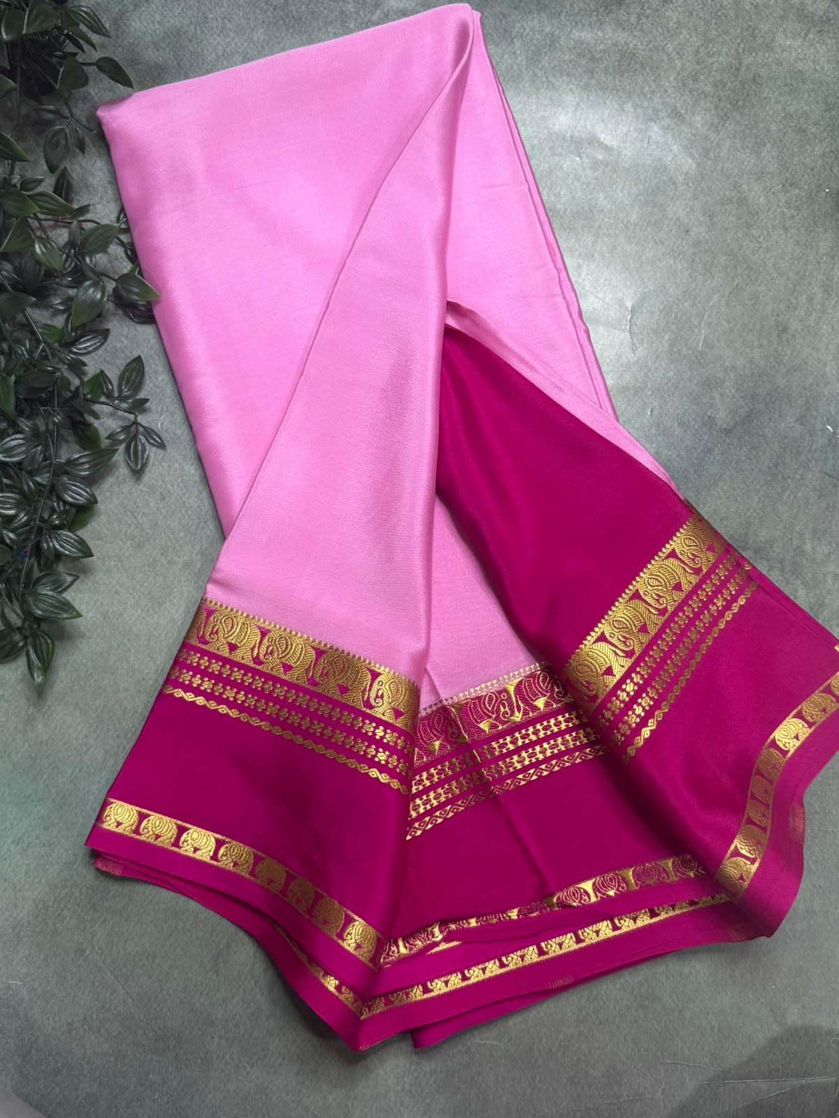 Baby Pink Pure Mysore Silk 106 Saree with Elephant Border