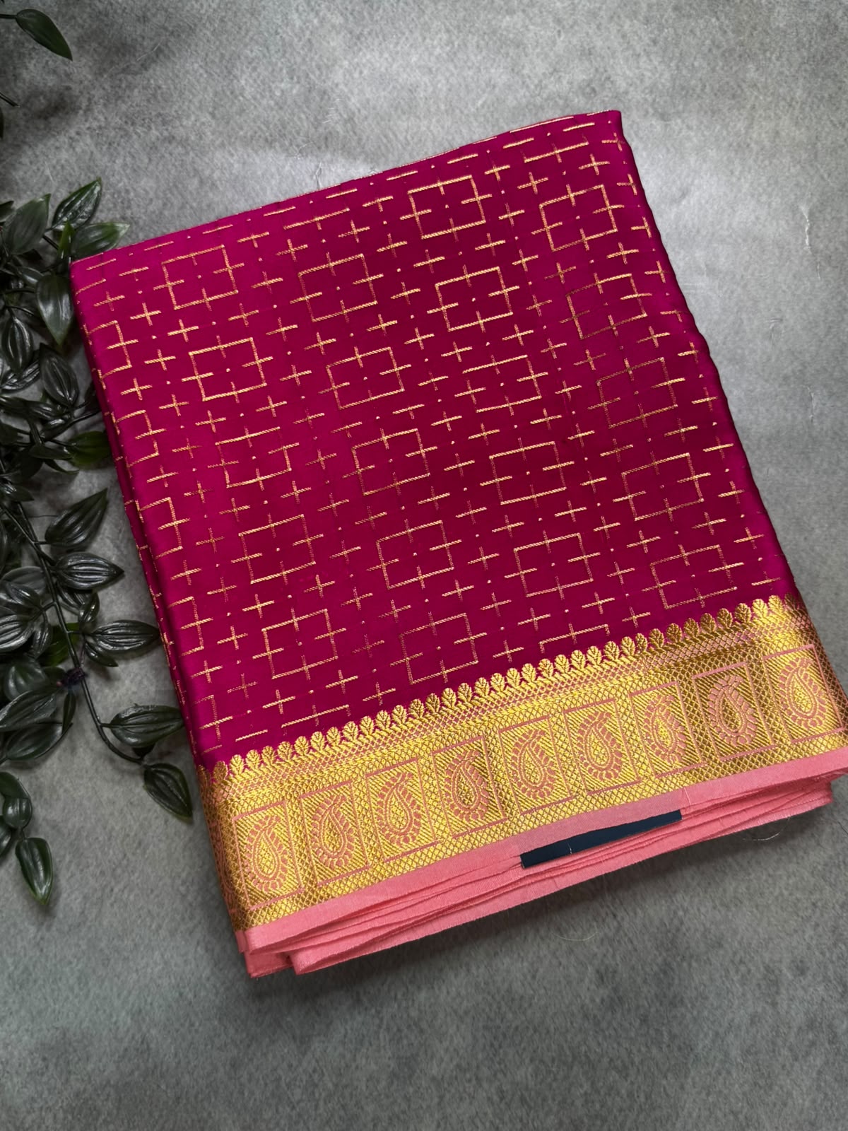 Dark Pink Geometric Design Pure Mysore Silk 106 Saree
