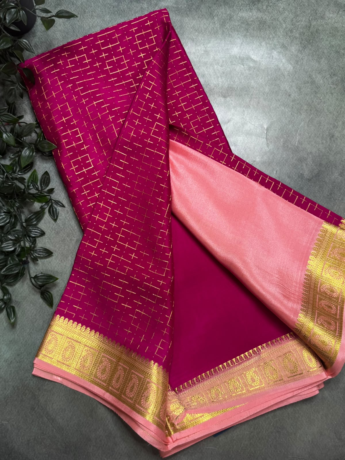 Dark Pink Geometric Design Pure Mysore Silk 106 Saree