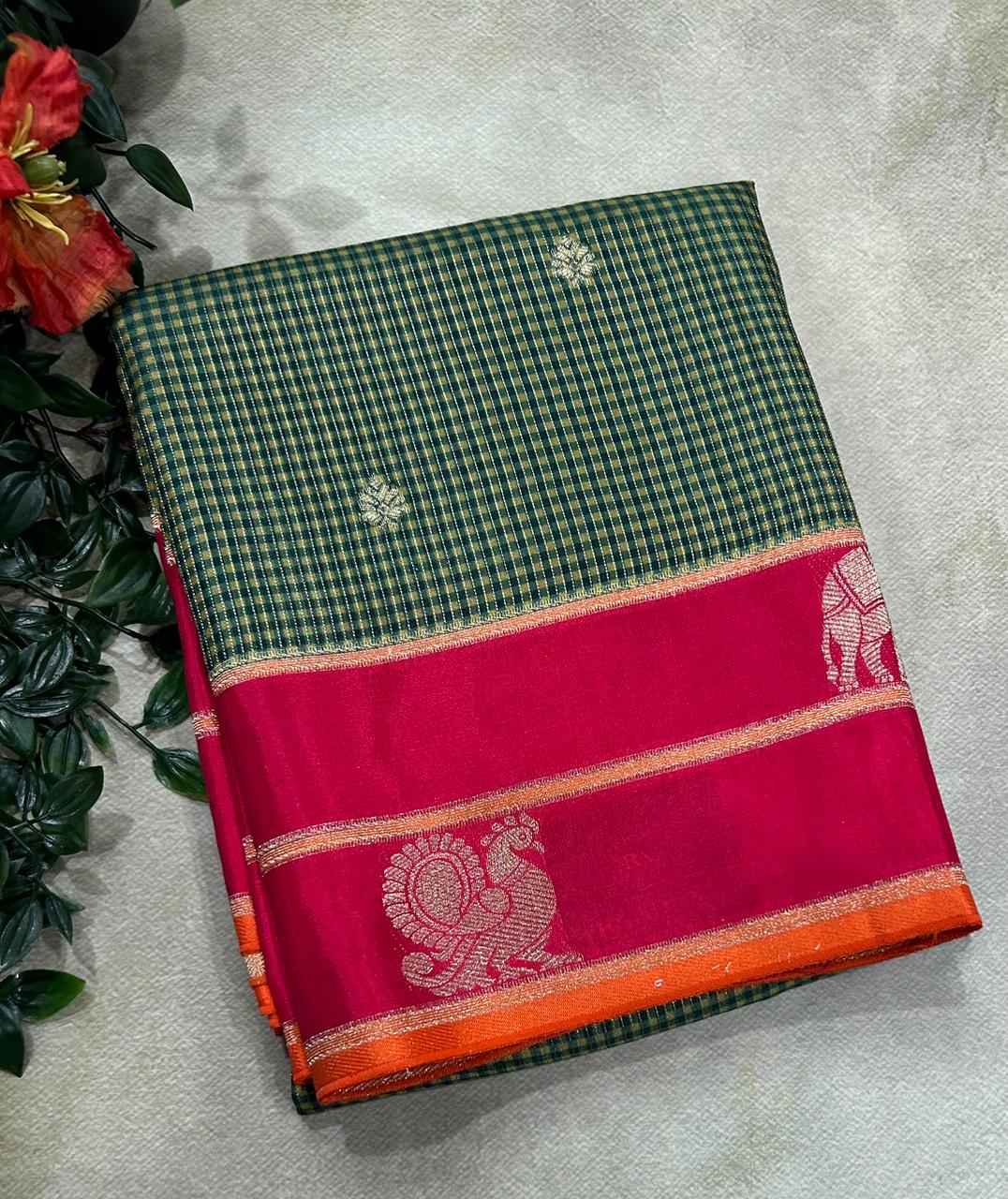 Green n Red Checks Semi Crepe 106 Saree