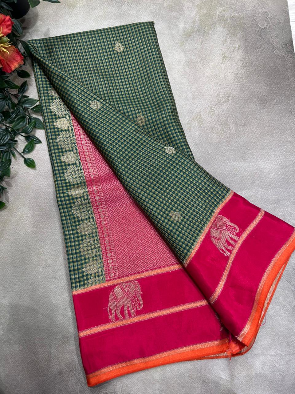 Green n Red Checks Semi Crepe 106 Saree
