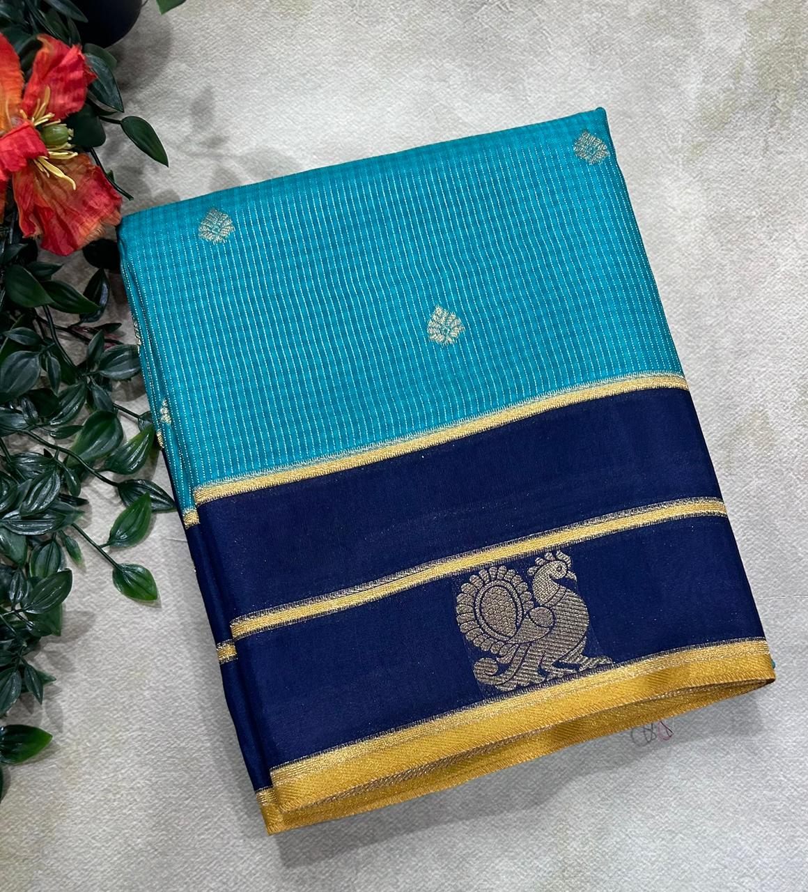 Teal n Navy Blue Checks Semi Crepe 106 Saree