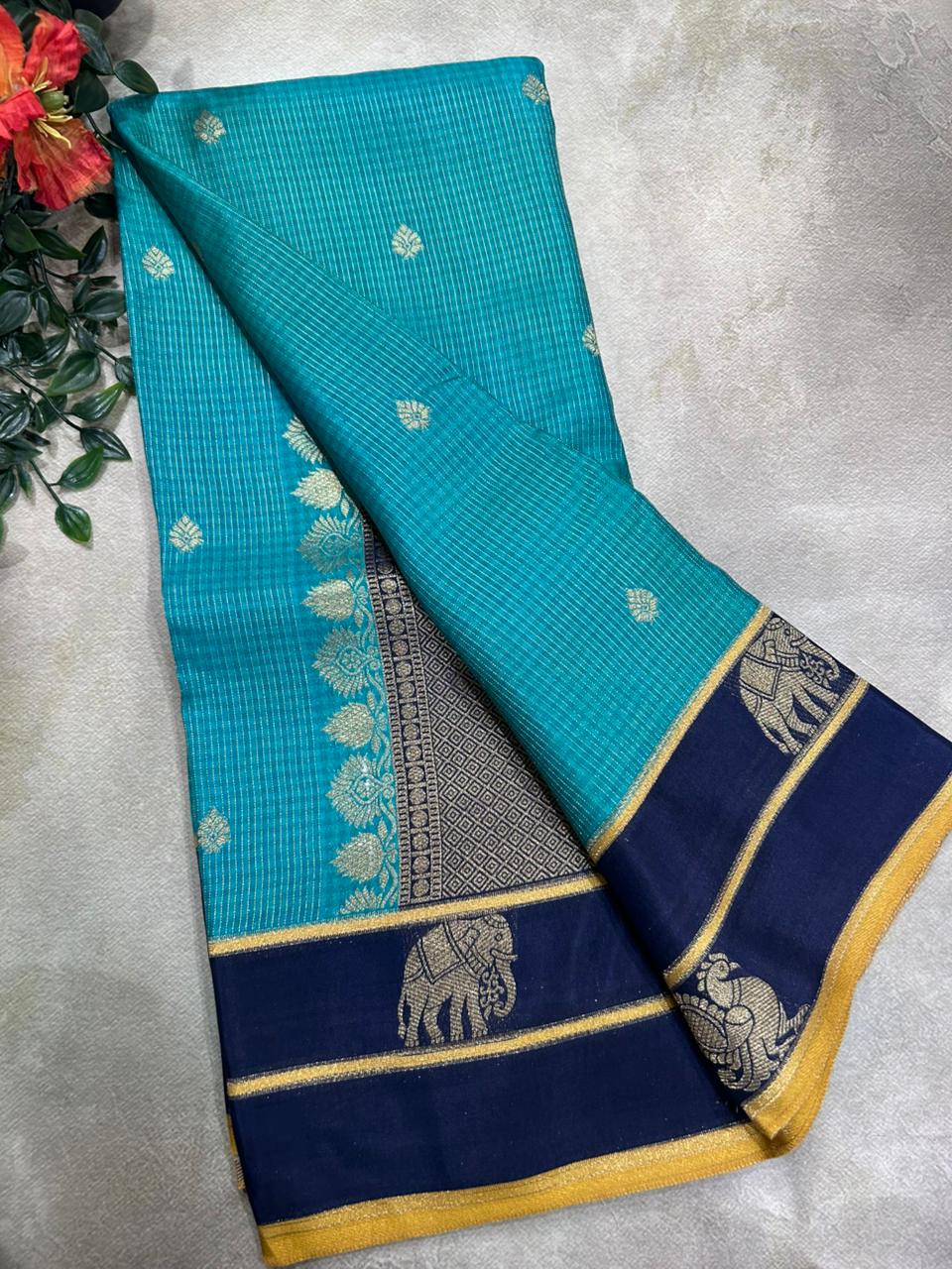 Teal n Navy Blue Checks Semi Crepe 106 Saree