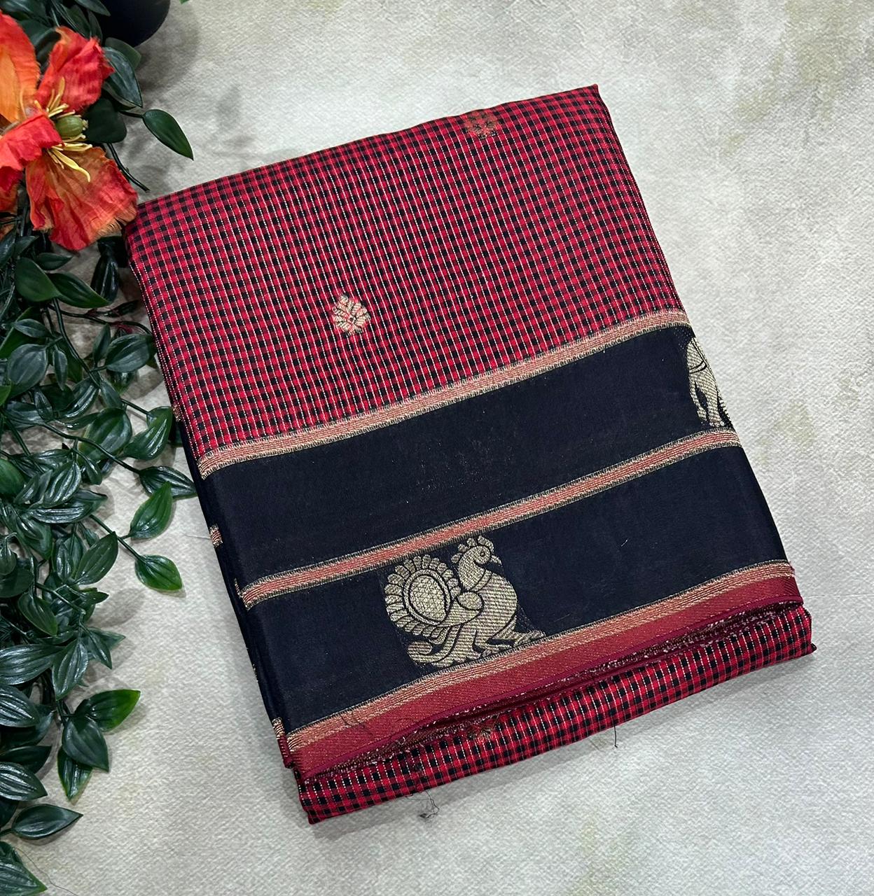 Black n Red Checks Semi Crepe 106 Saree