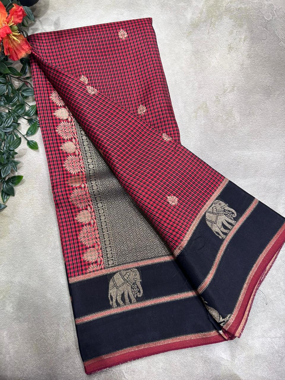 Black n Red Checks Semi Crepe 106 Saree