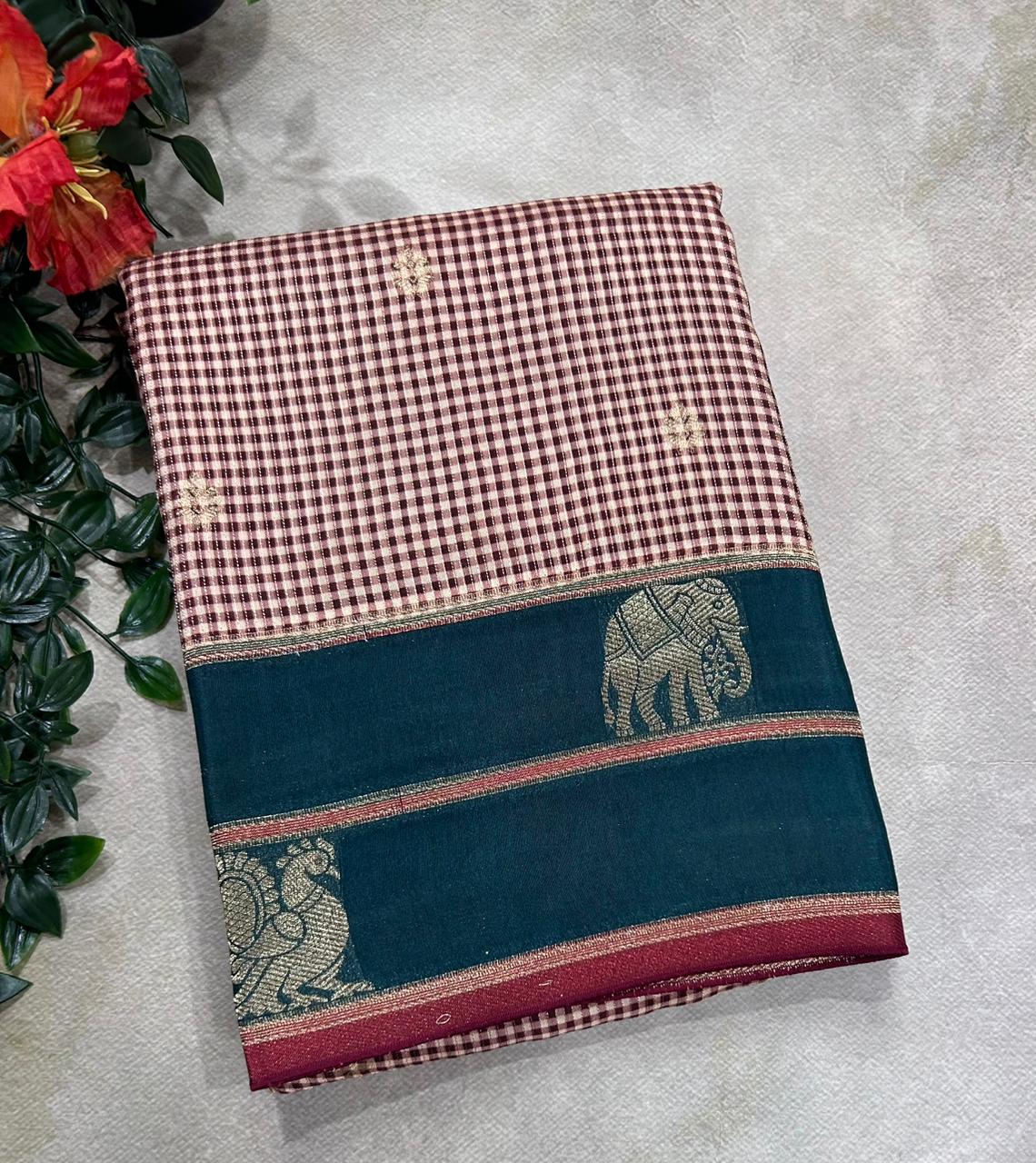 Brown n Green Checks Semi Crepe 106 Saree