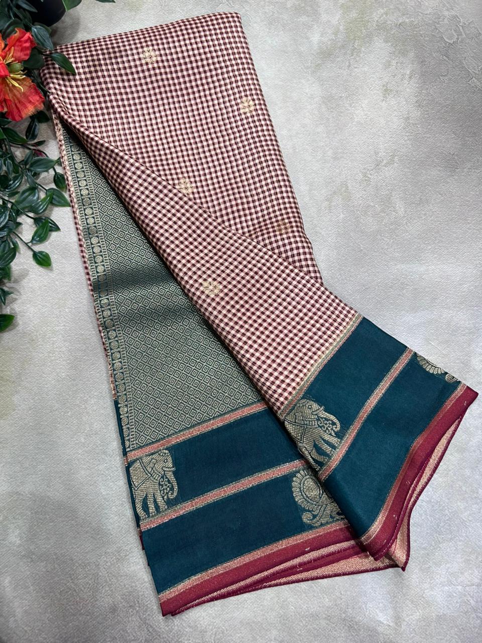 Brown n Green Checks Semi Crepe 106 Saree