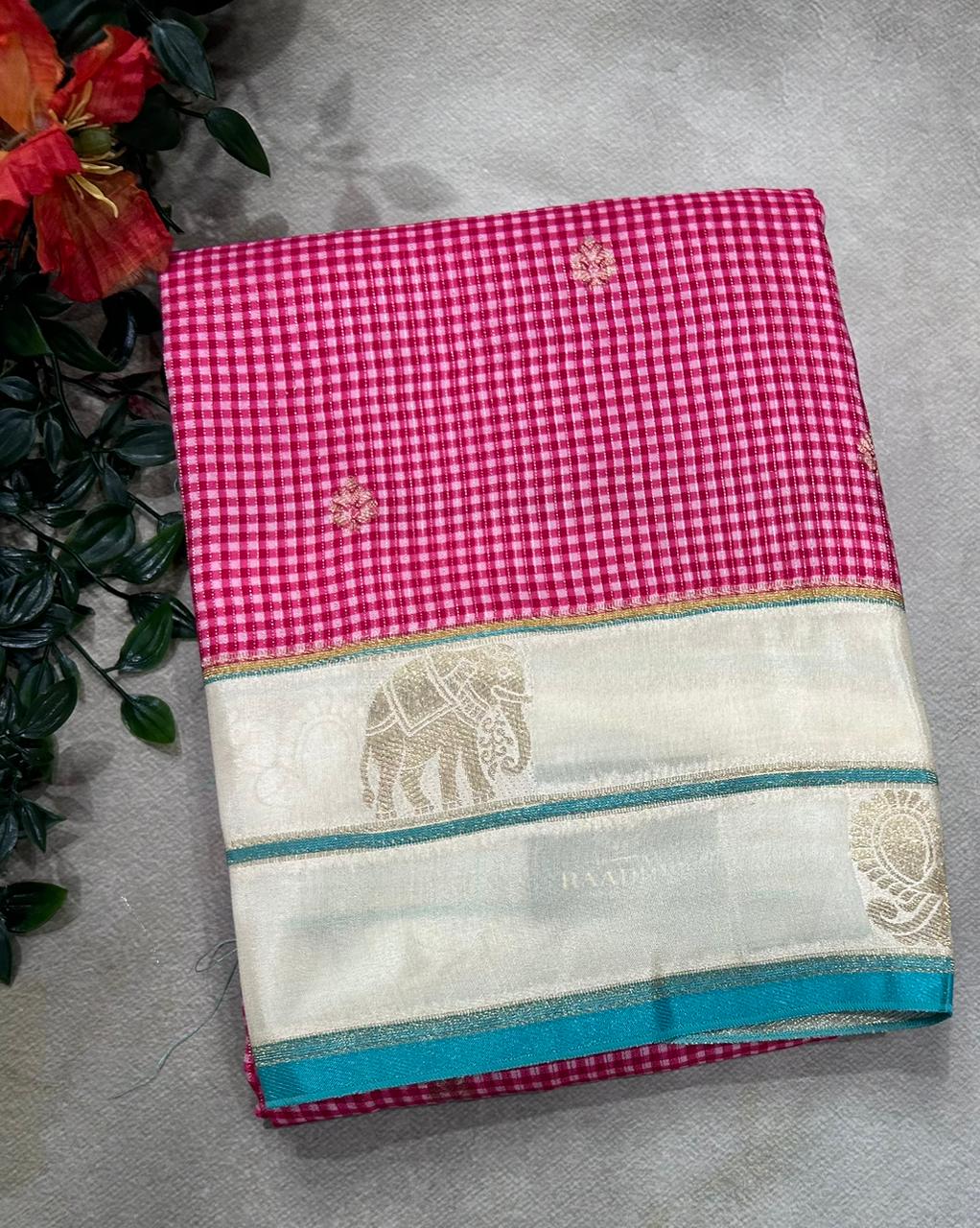 Pink n Cream Checks Semi Crepe 106 Saree