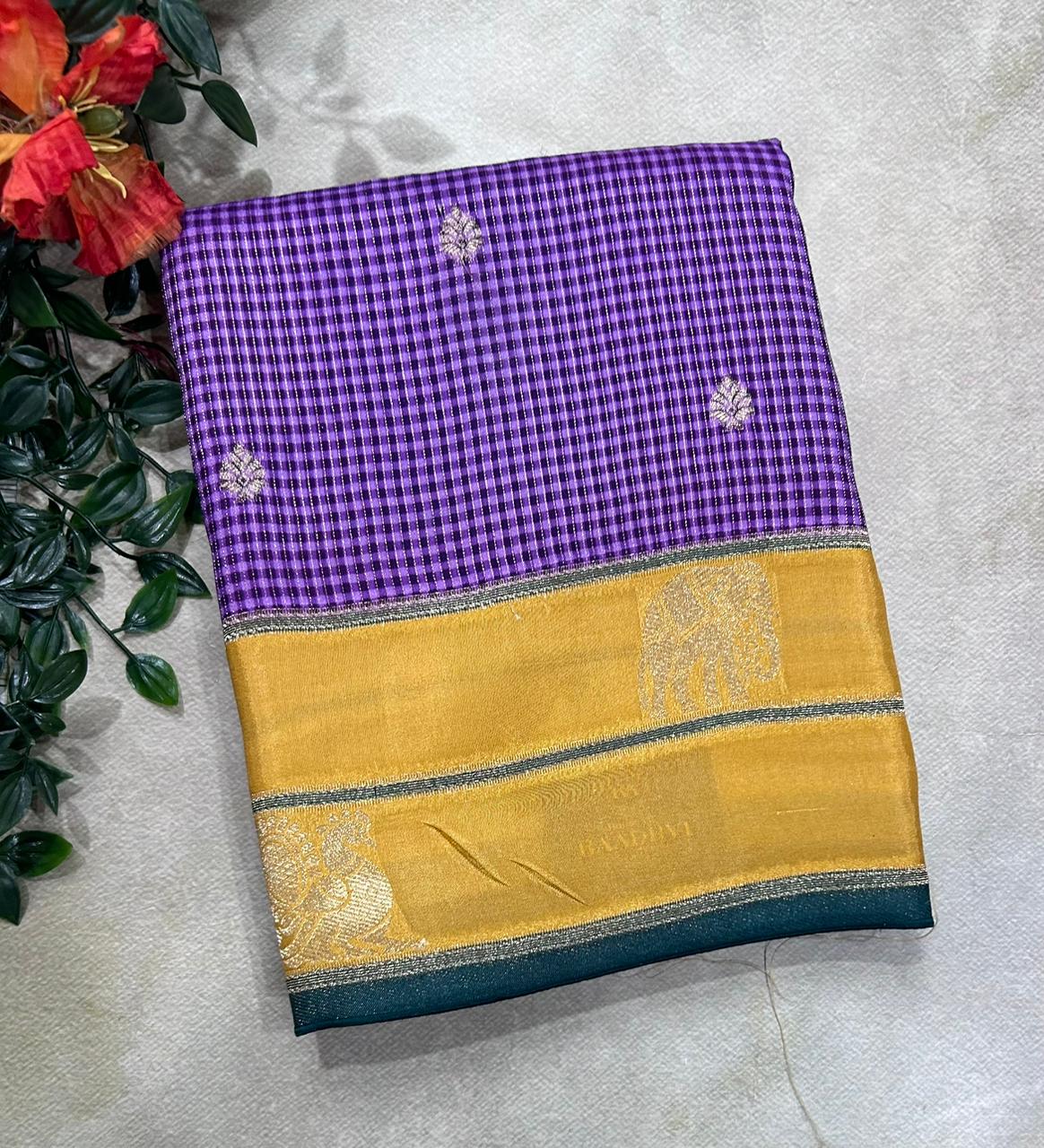 Purple n Mustard Checks Semi Crepe 106 Saree