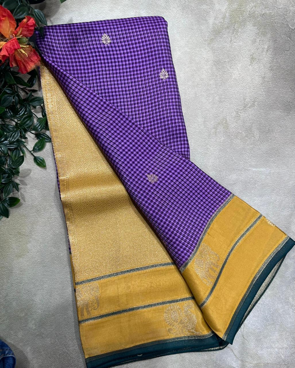 Purple n Mustard Checks Semi Crepe 106 Saree