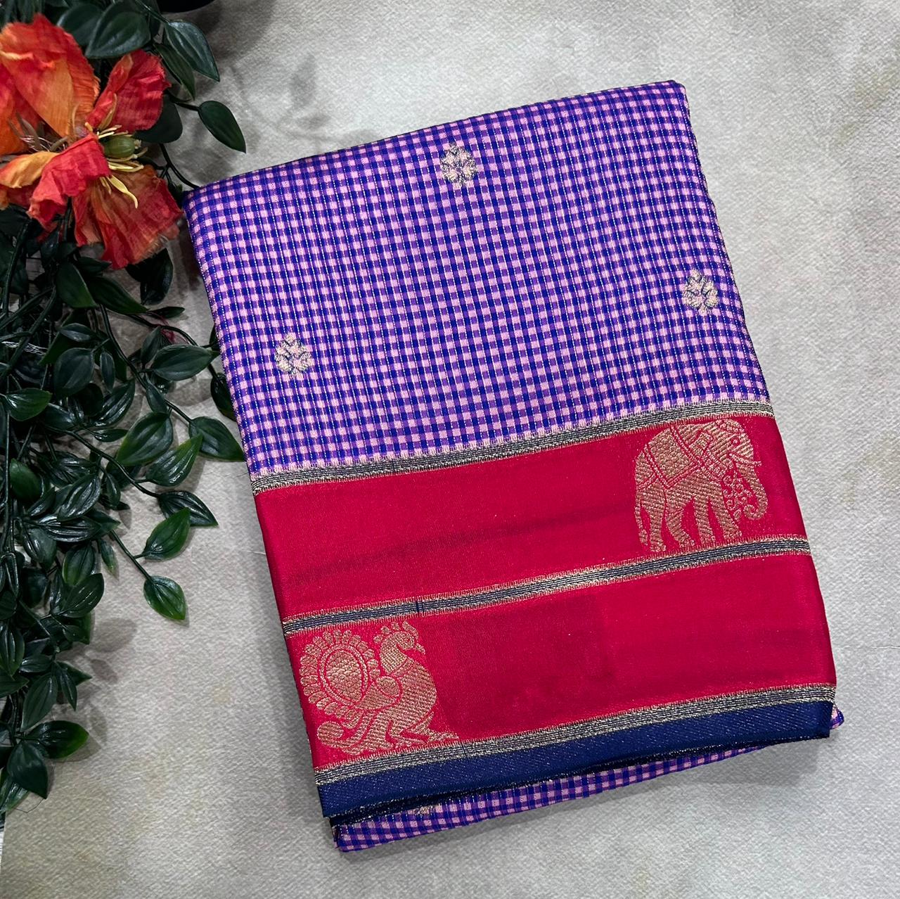 Purple n Red Checks Semi Crepe 106 Saree