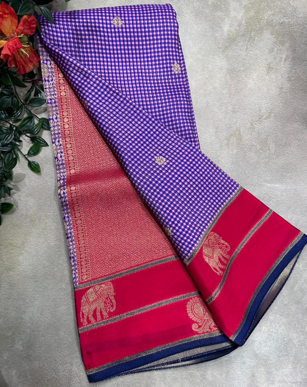 Purple n Red Checks Semi Crepe 106 Saree