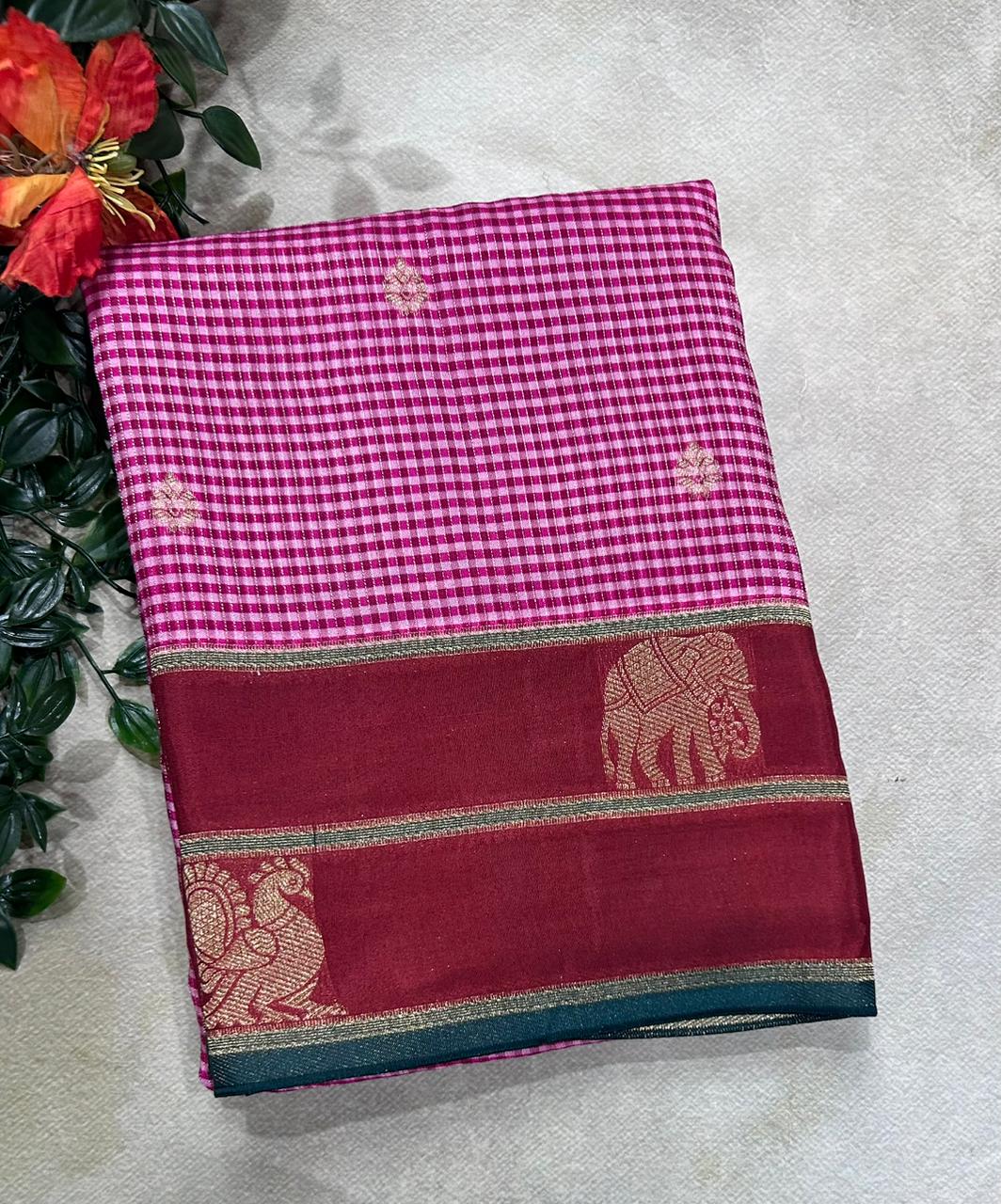 Magenta n Maroon Checks Semi Crepe 106 Saree