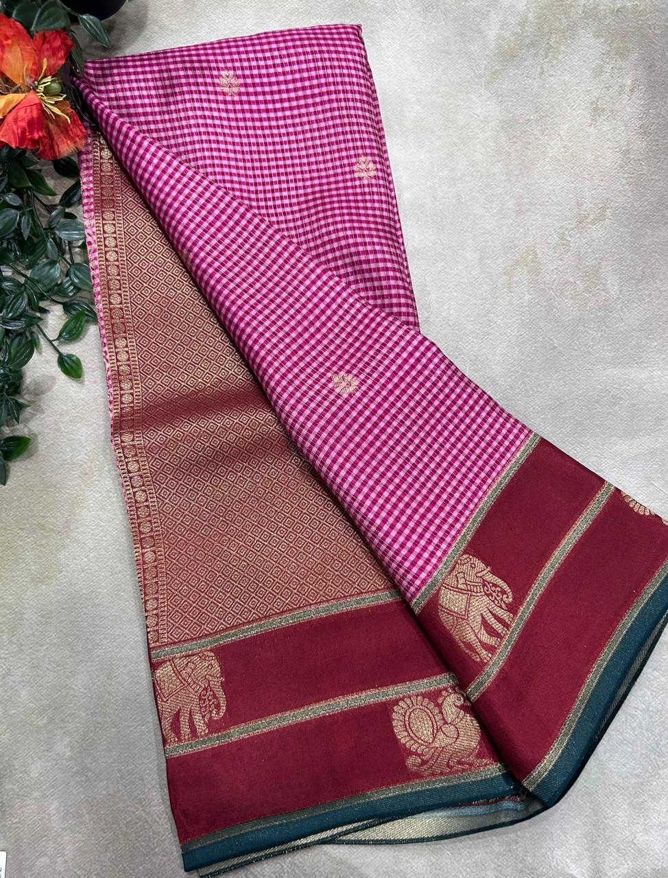 Magenta n Maroon Checks Semi Crepe 106 Saree