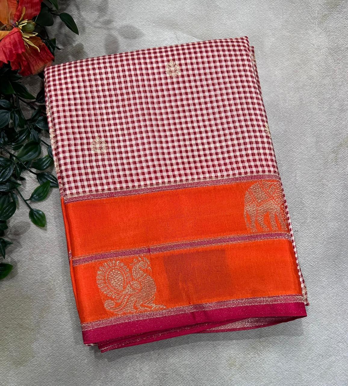 Peach n Orange Checks Semi Crepe 106 Saree