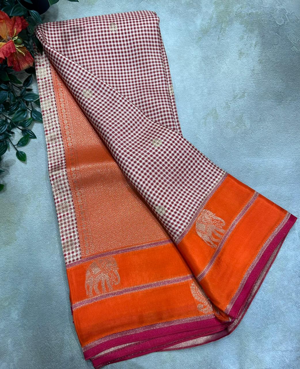 Peach n Orange Checks Semi Crepe 106 Saree