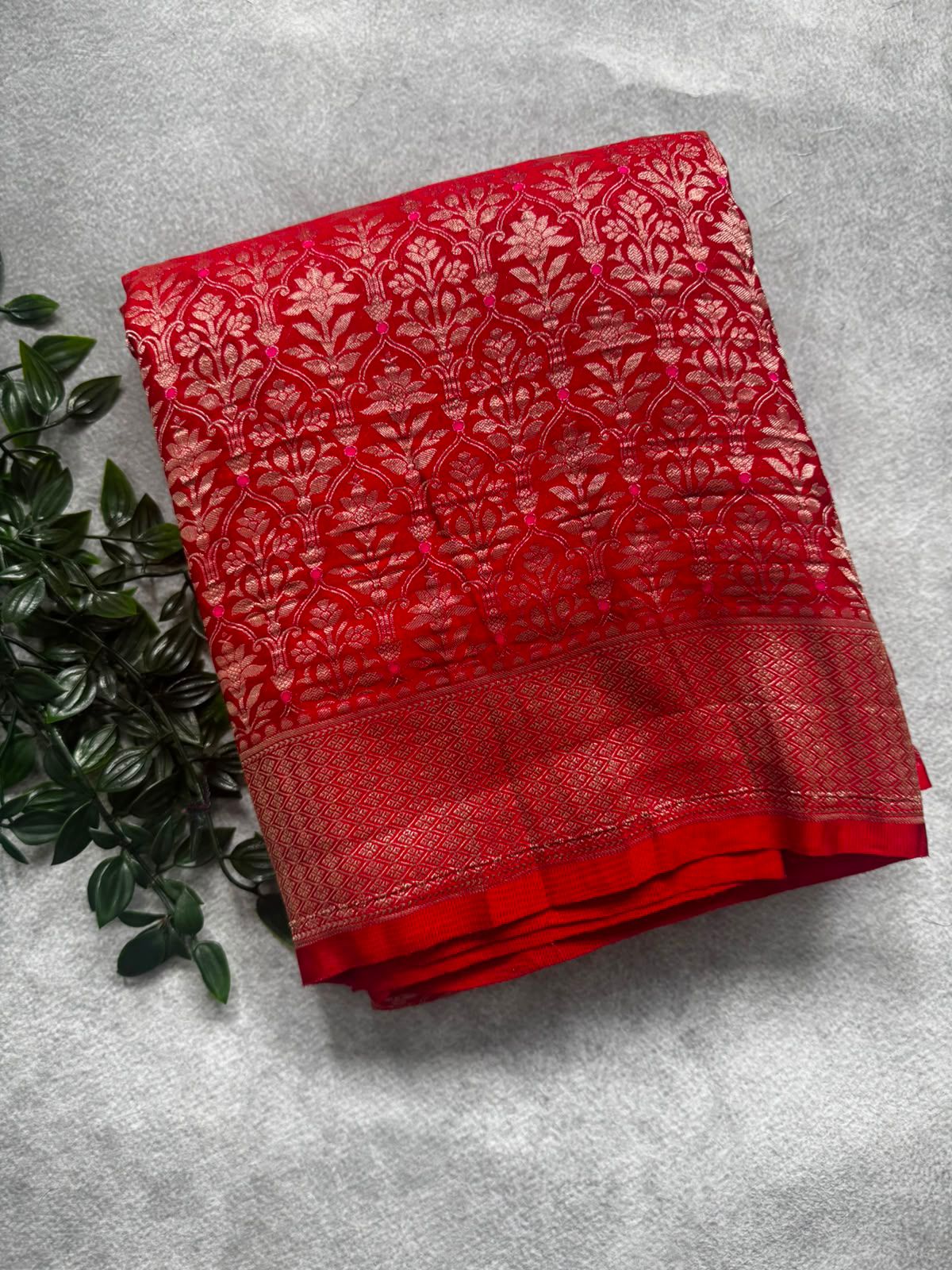 Red Brocade Semi Georgette Saree BSG106