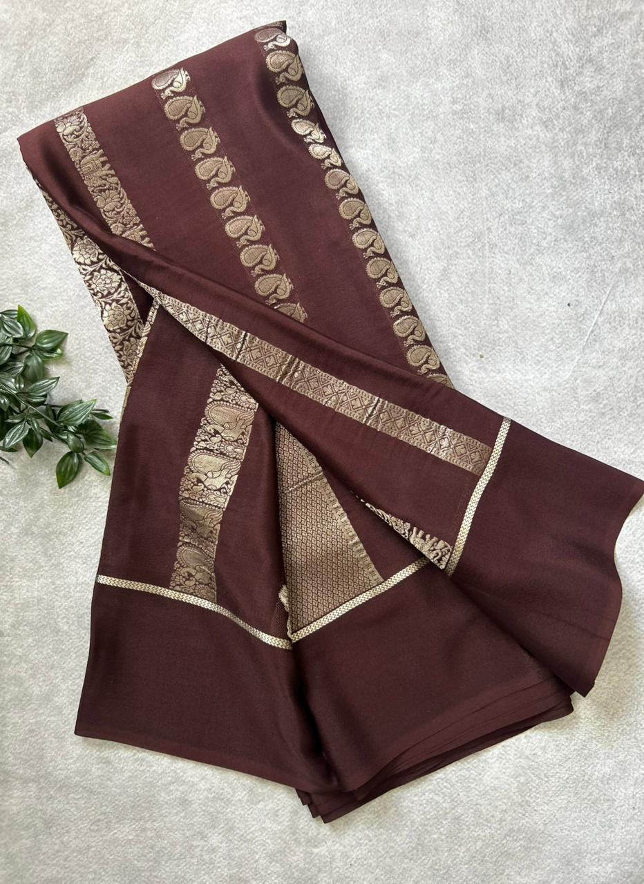 Brown Nita Ambani 106 Pure Mysore Crepe Silk Saree