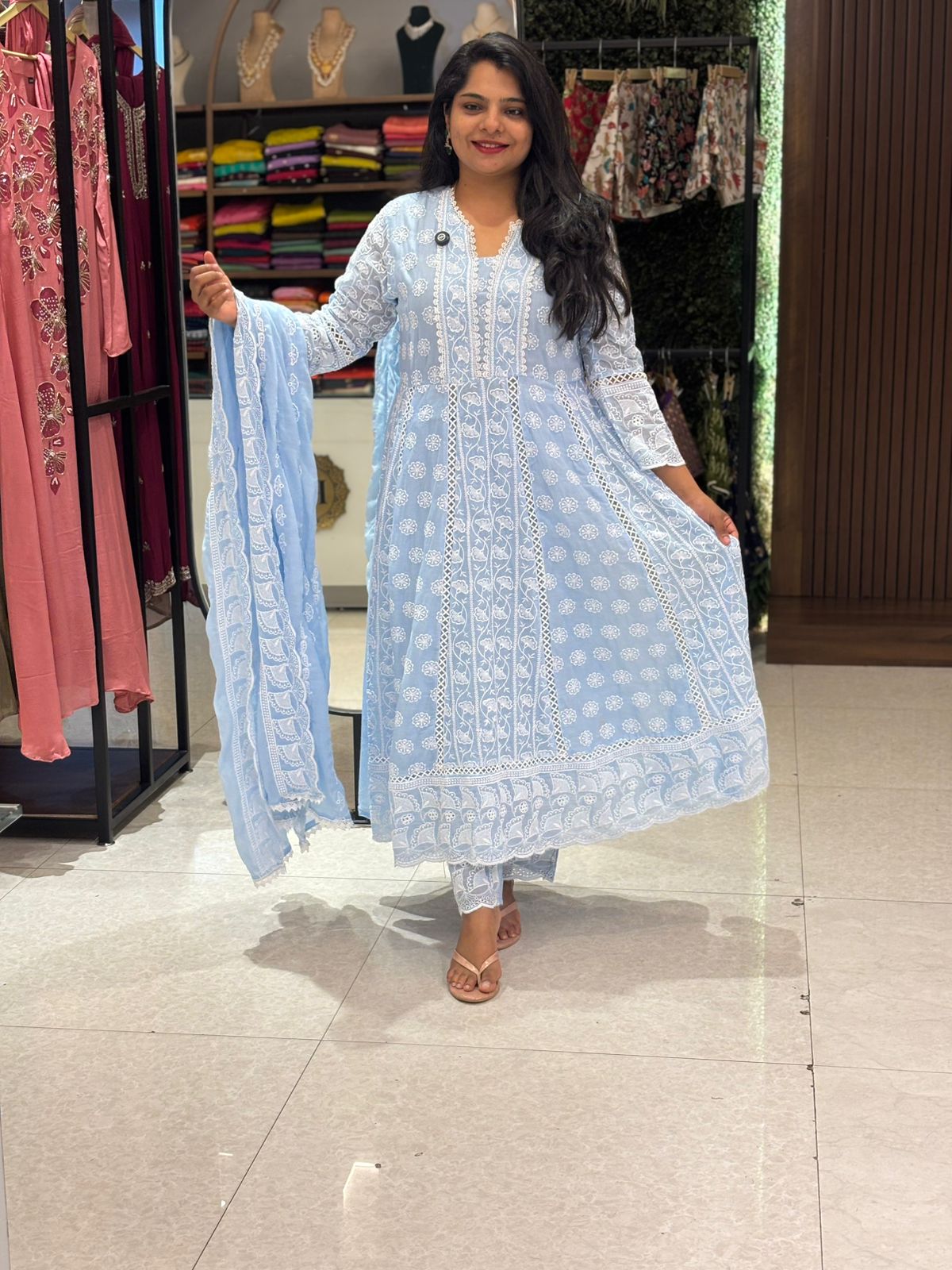 Sky Blue Cotton Hakoba Work Anarkali Kurtha 459