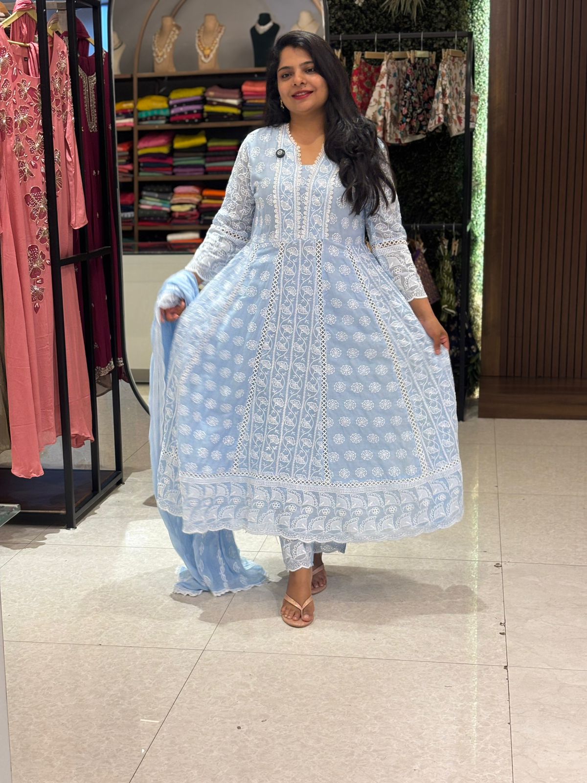 Sky Blue Cotton Hakoba Work Anarkali Kurtha 459
