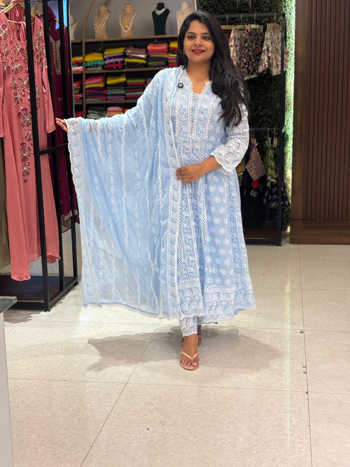 Sky Blue Cotton Hakoba Work Anarkali Kurtha 459