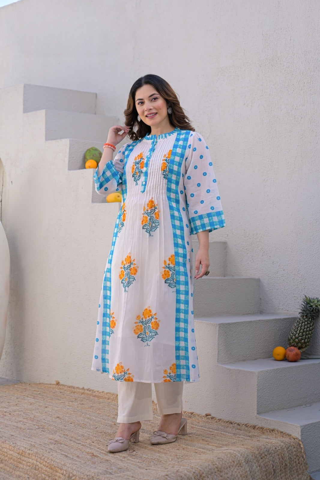 White and Blue Cotton Hand Print Cord set Kurtha 27