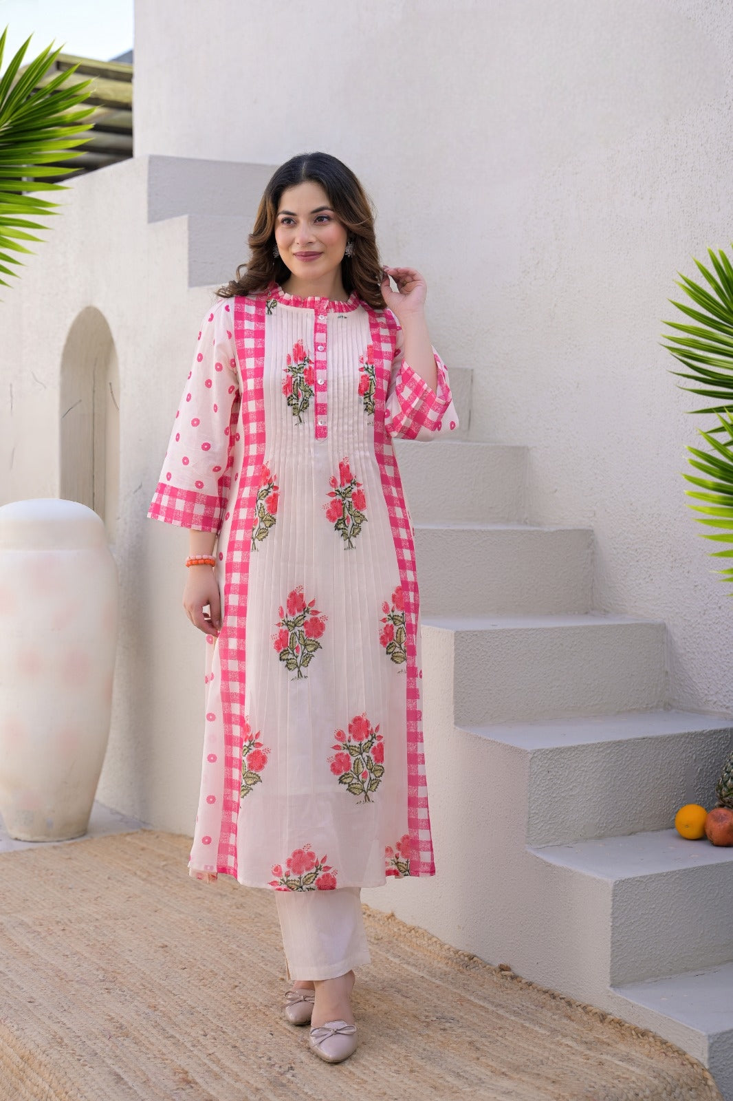 White and Pink Cotton Hand Print Cord set Kurtha 27