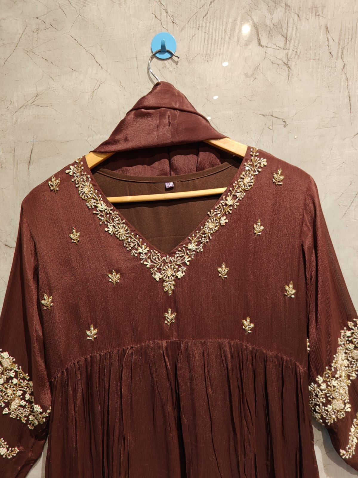 Brown Chinnon Hand Embroidery A Line Kurtha 554