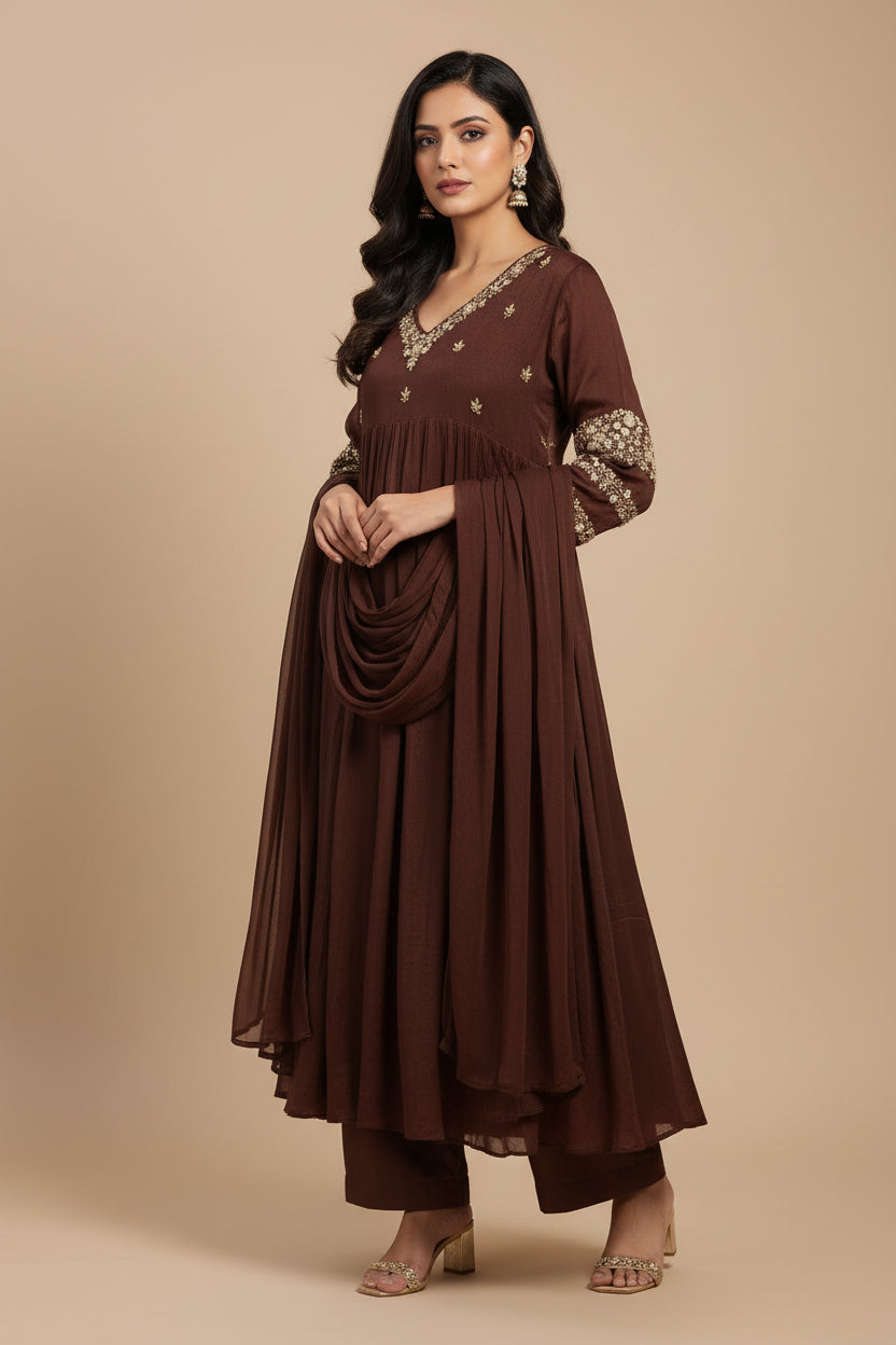 Brown Chinnon Hand Embroidery A Line Kurtha 554