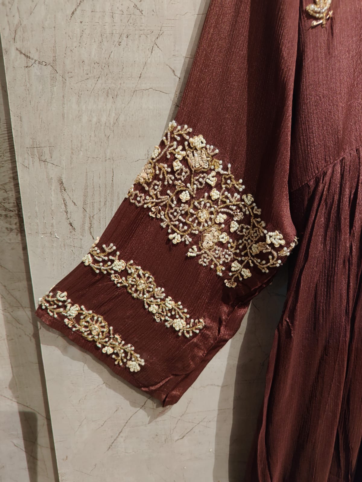 Brown Chinnon Hand Embroidery A Line Kurtha 554