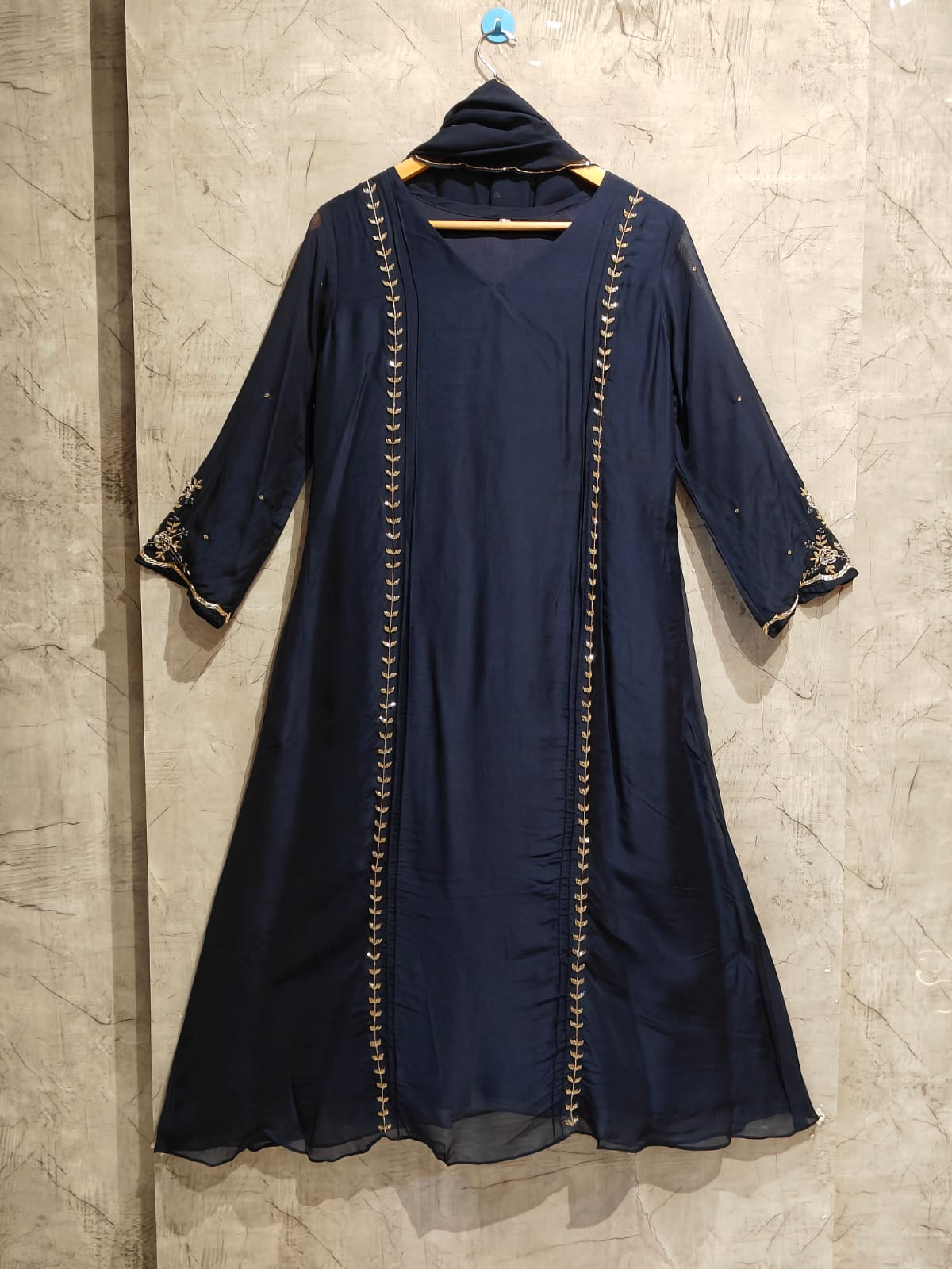 Dark Blue Chinnon Hand Embroidery A Line Kurtha 673
