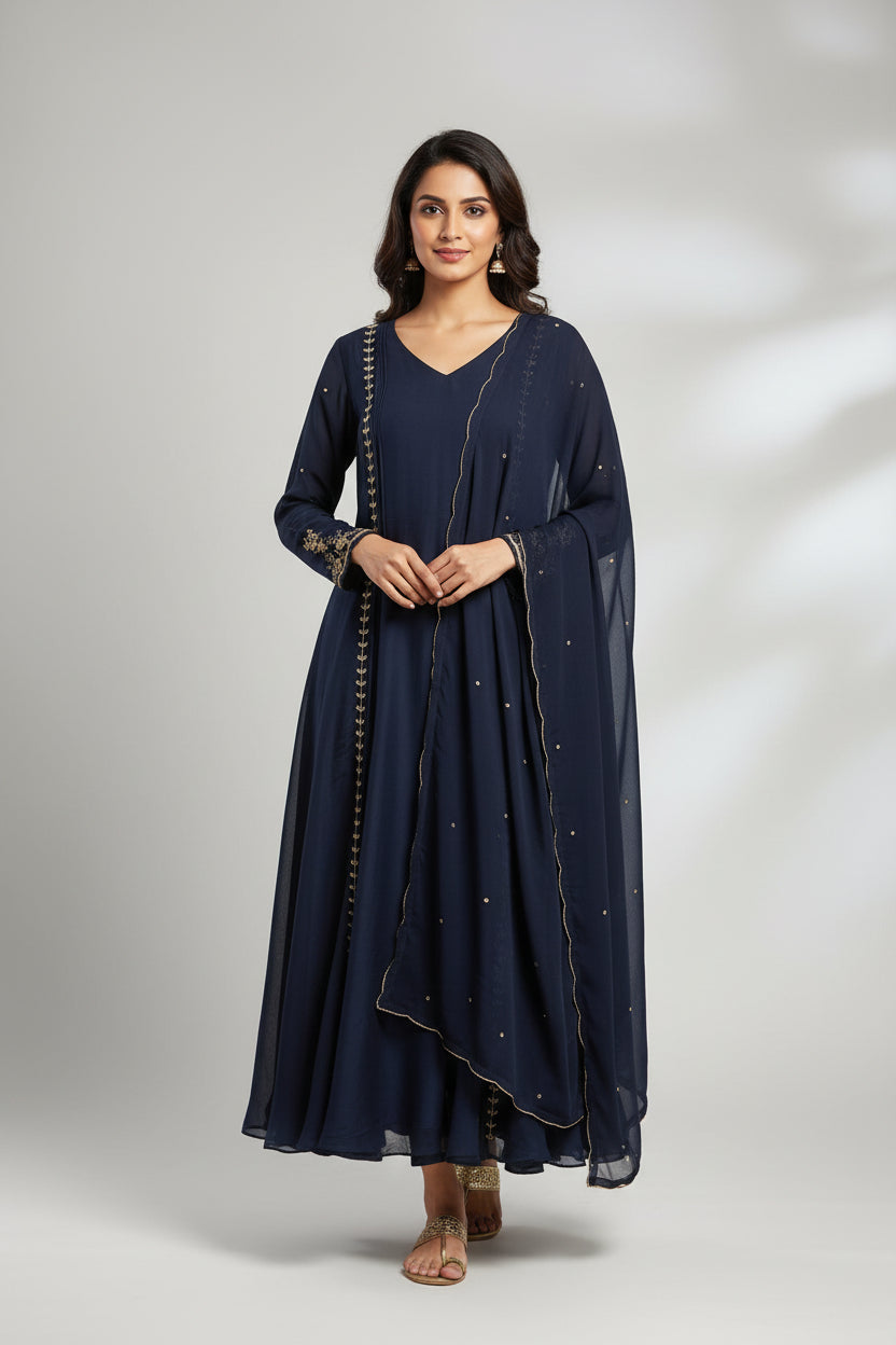 Dark Blue Chinnon Hand Embroidery A Line Kurtha 673