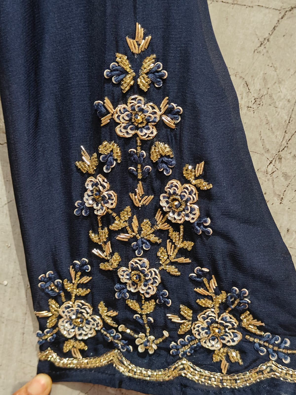 Dark Blue Chinnon Hand Embroidery A Line Kurtha 673