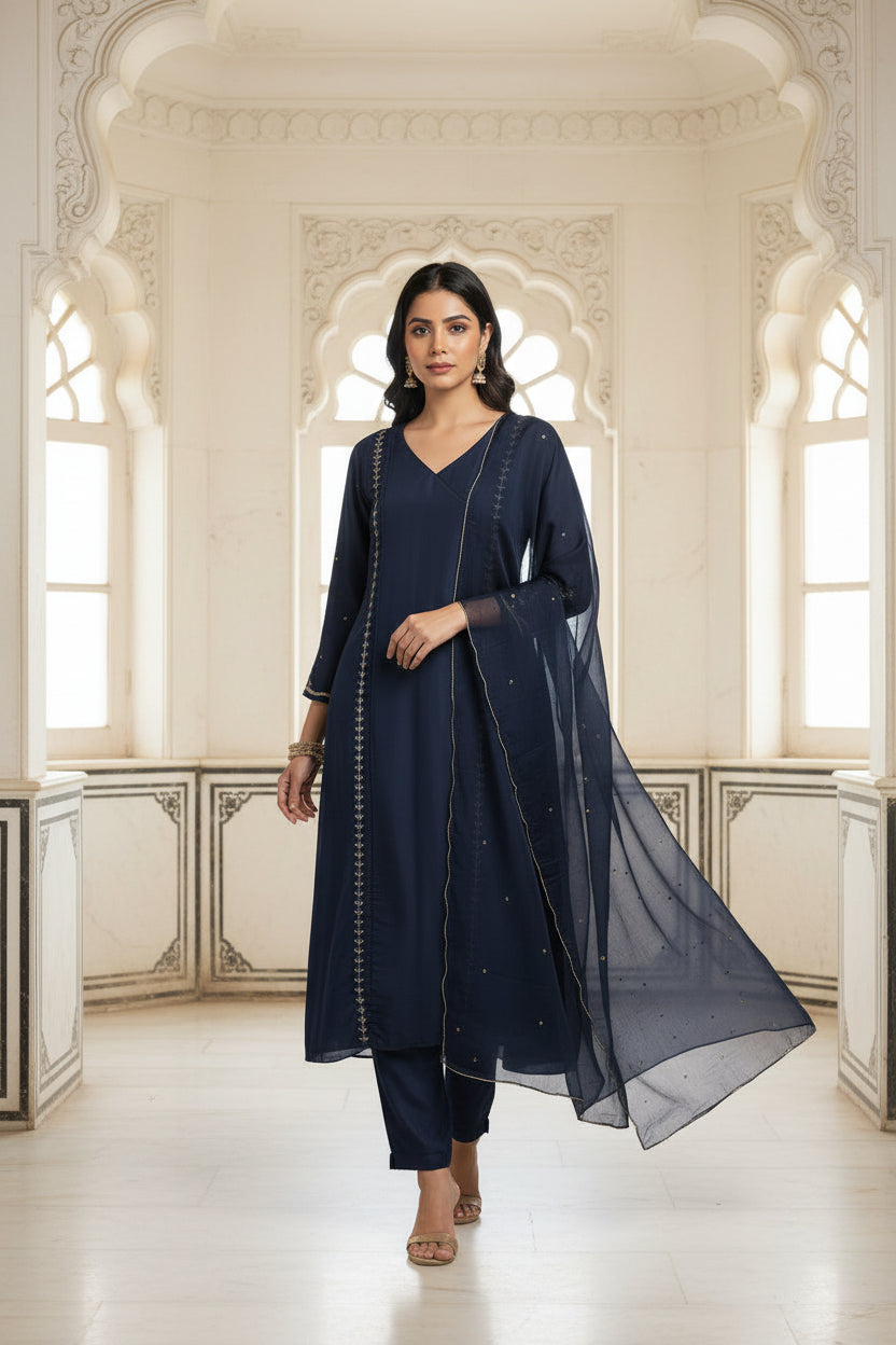 Dark Blue Chinnon Hand Embroidery A Line Kurtha 673