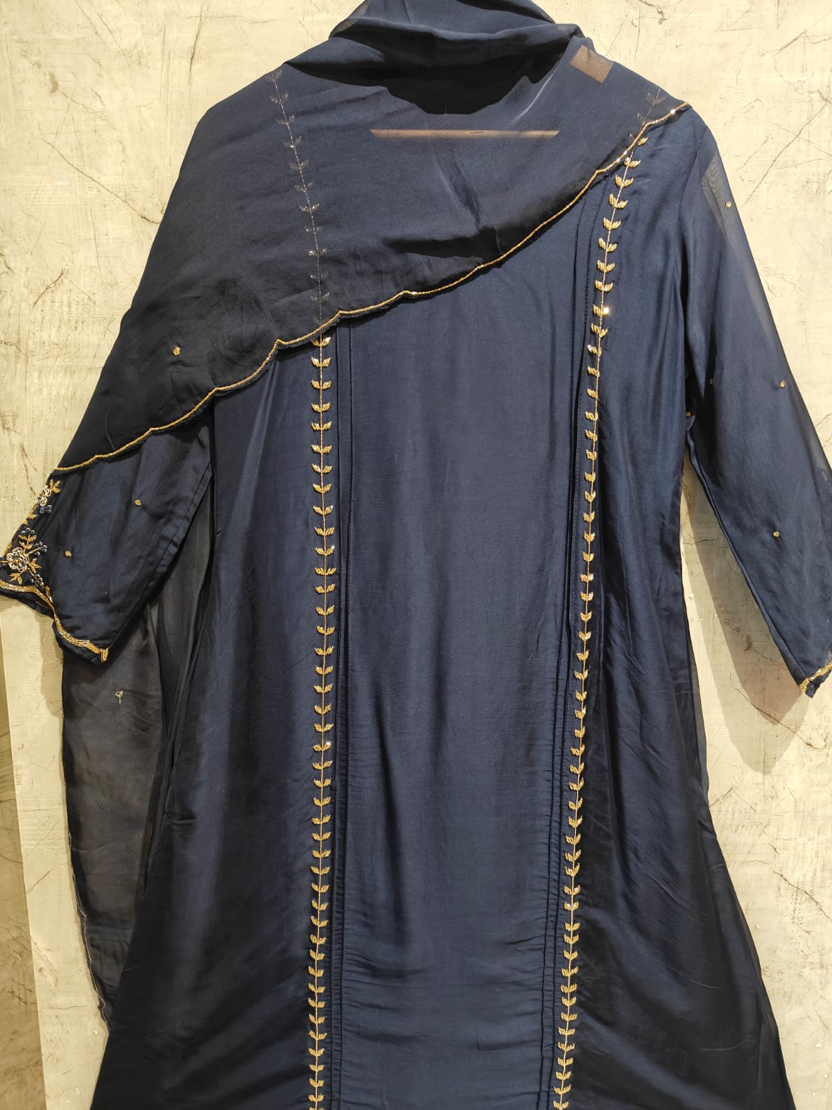 Dark Blue Chinnon Hand Embroidery A Line Kurtha 673