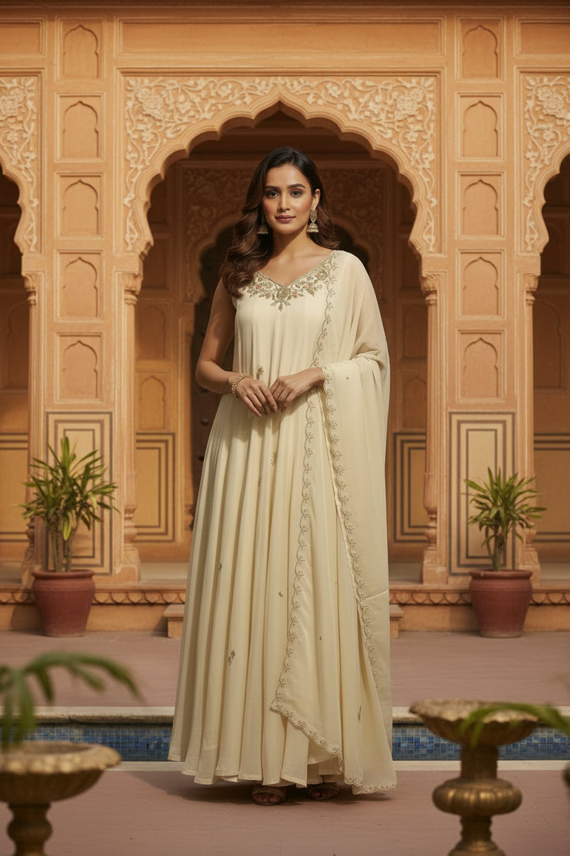 White Organza Anarkali  Handwork  Kurtha 221
