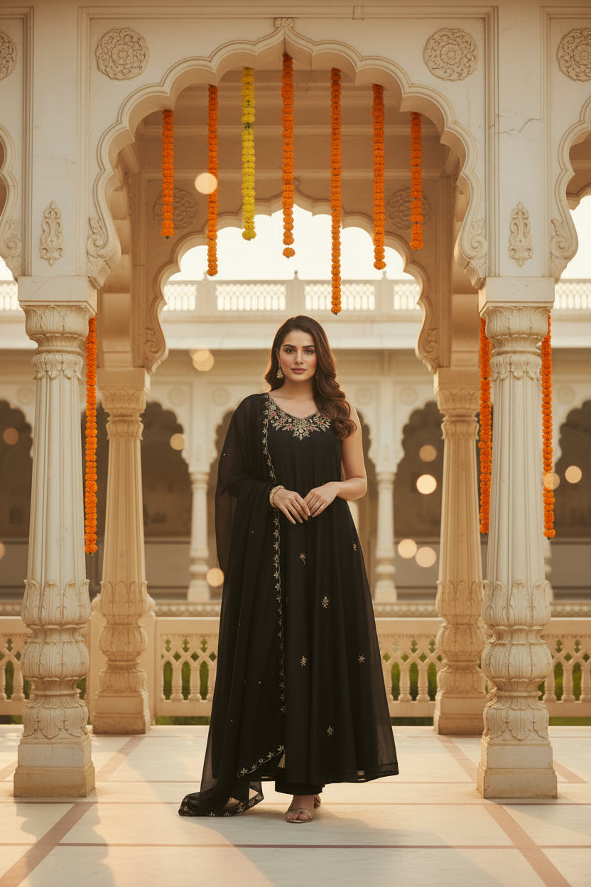 Black Organza Anarkali  Handwork  Kurtha 221