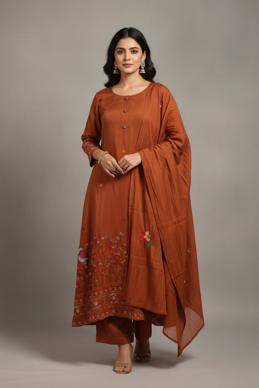 Rust Orange Mul  Chanderi Thread Embroidery A Line Kurtha 63