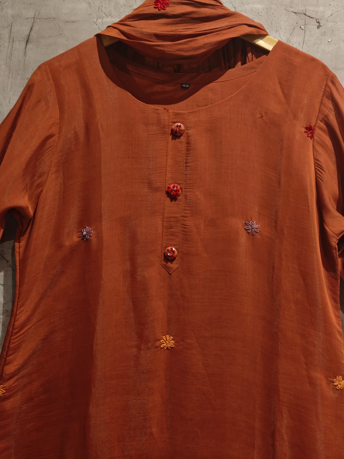 Rust Orange Mul  Chanderi Thread Embroidery A Line Kurtha 63